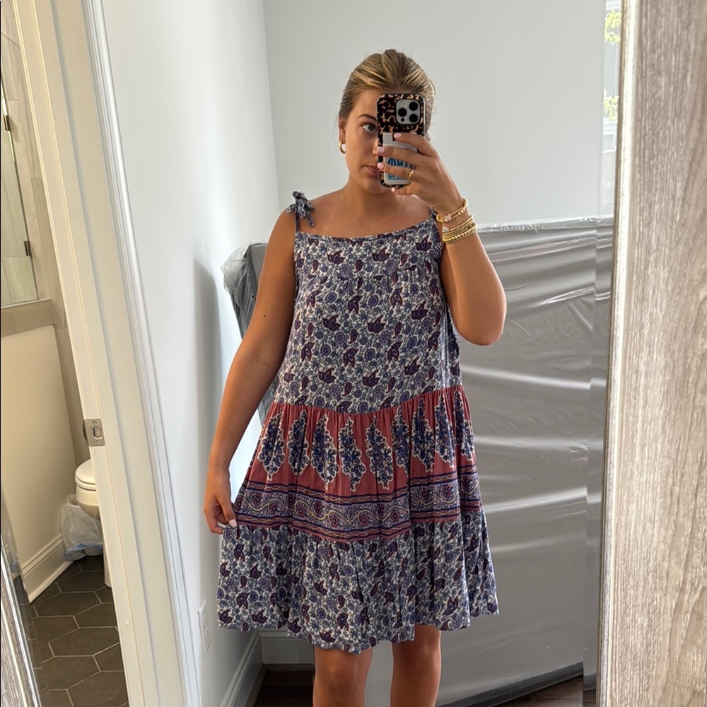 Blue and White Sleeveless Square Neck Mini Sundress